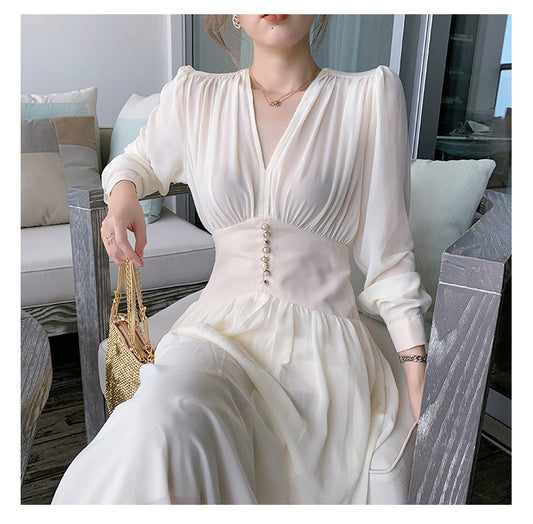 Elegant Dress Women Solid Long Sleeve Fairy Party Dress Office Lady Sexy V-neck Loose Midi Dress 2020 Autumn Clothing Female