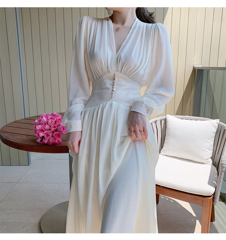 Elegant Dress Women Solid Long Sleeve Fairy Party Dress Office Lady Sexy V-neck Loose Midi Dress 2020 Autumn Clothing Female