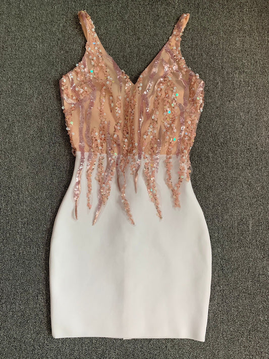 High Quality Pink White V-neck Bodycon Rayon Bandage Dress Elegant Evening Party Dress Vestidos