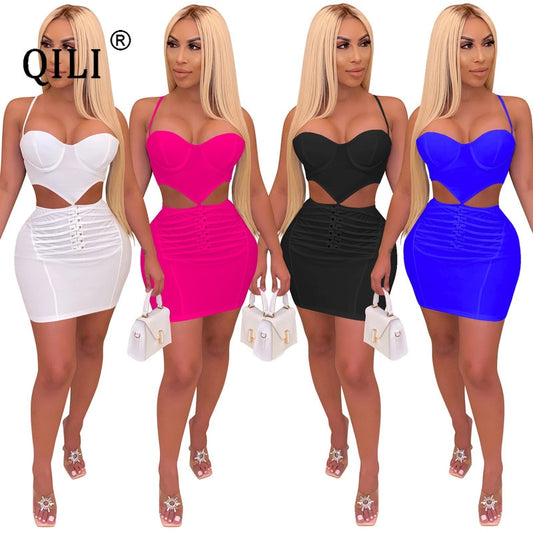 QILI Sexy Hollow Out Backless Dress Womens Sleeveless Spaghetti Strap Mini Dresses Party Club Dress Short Style