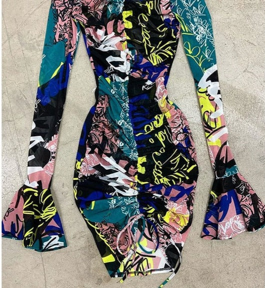 Chic Printed Long Sleeve Bodycon Mesh Transparent Dress