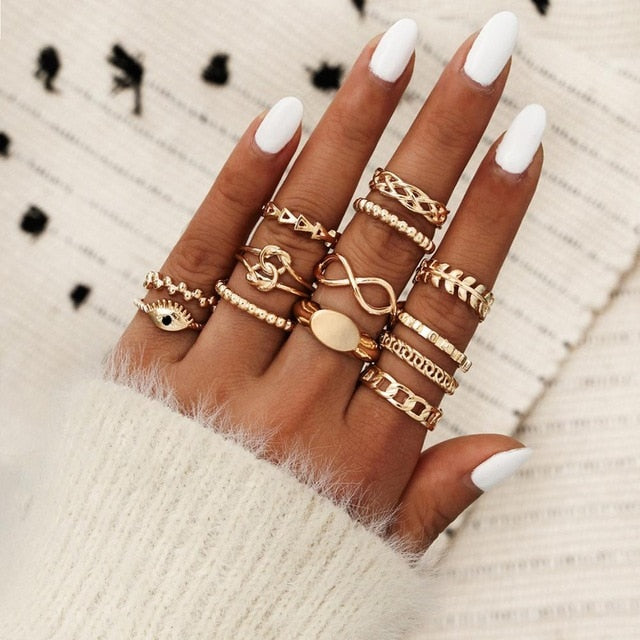 KSRA Boho Vintage Gold Star Knuckle Rings For Women BOHO Crystal Star Crescent Geometric Female Finger Rings Set Jewelry 2020
