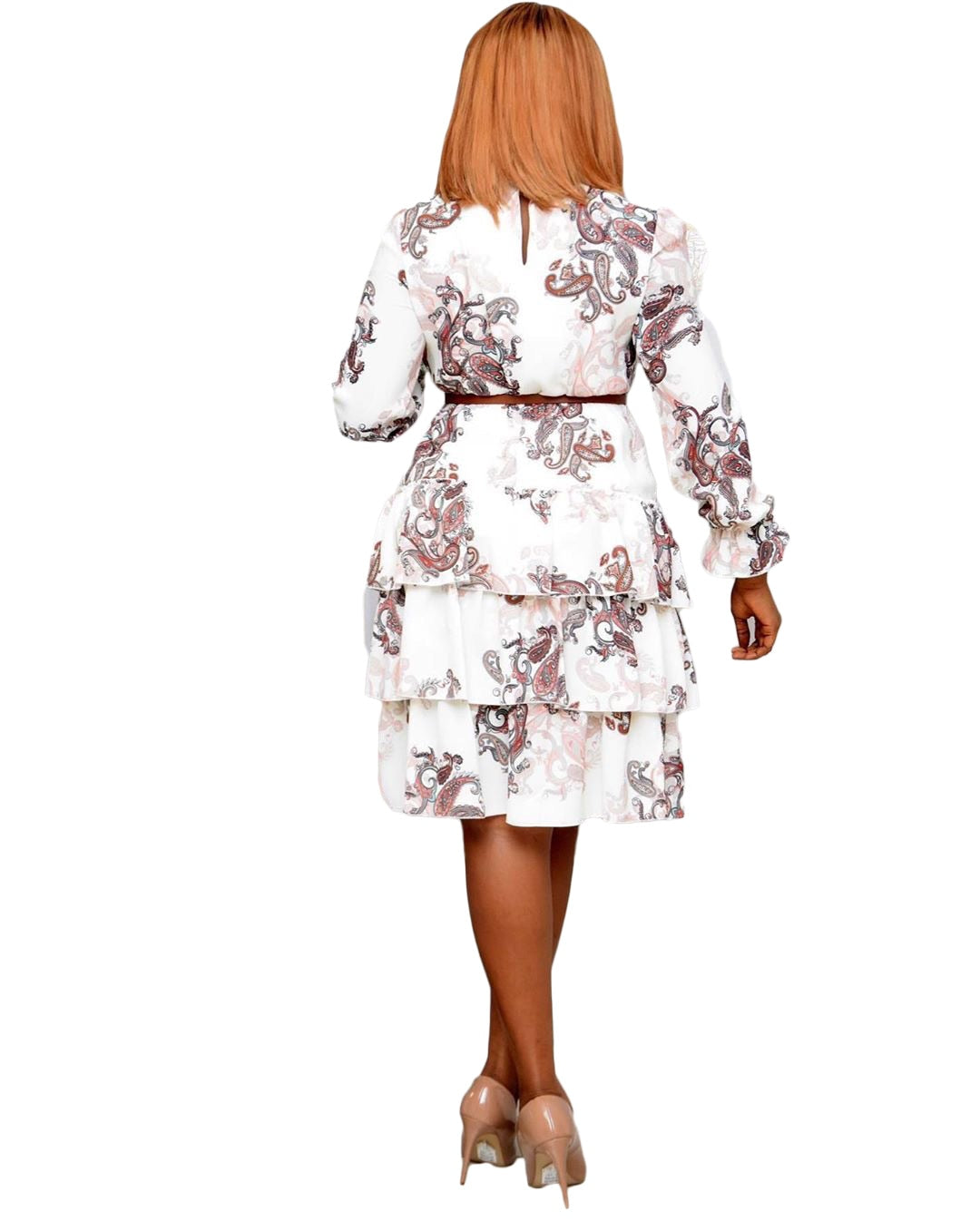 Printed Long Sleeves Bowtie Cake Dress