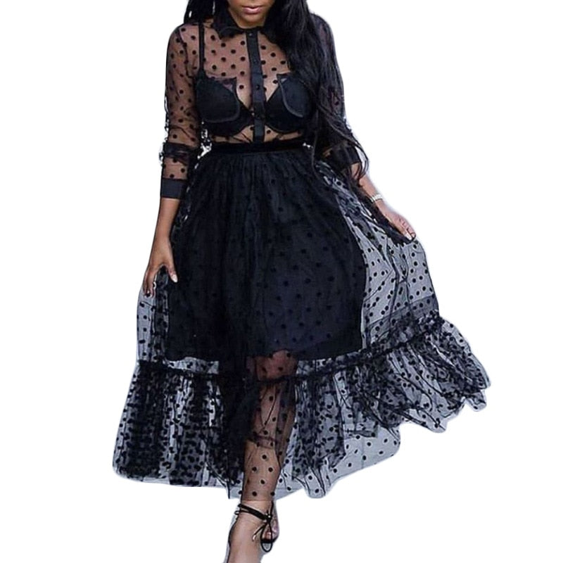 Mesh Two Pieces Set Polka Dot Transparent Dress