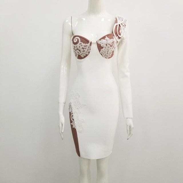 High Quality White Long Sleeve One Shoulder Rayon Bandage Dress Homecoming Party Bodycon Dress Vestidos