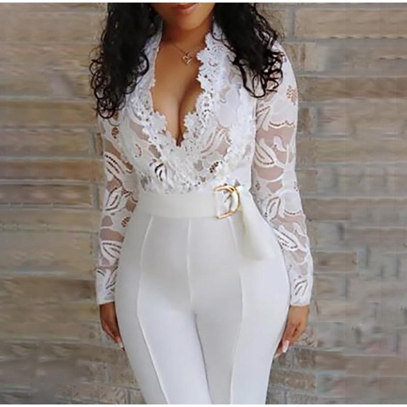 Lace V-Neck Jumpsuit Women Long Sleeve