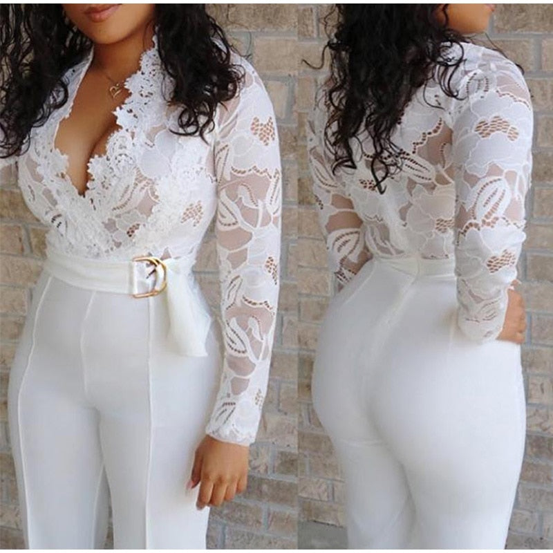 Lace V-Neck Jumpsuit Women Long Sleeve