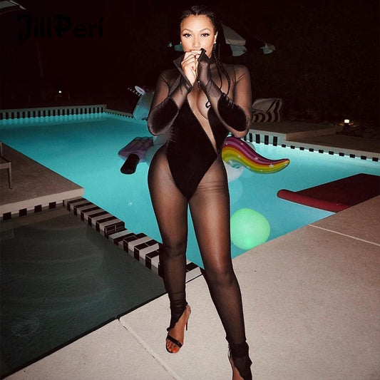 JillPeri Black Mesh Velour Patchwork Long Sleeve See Through Rompers Sexy Club Outfits Fall Clothes One Piece Jumpsuit Women