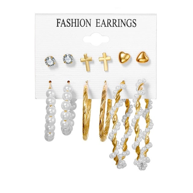 FNIO Women's Earrings Set Pearl Earrings For Women Bohemian Fashion Jewelry 2020 Geometric Crystal Heart Stud Earrings