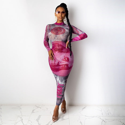 See Through Money Print Bodycon Dress
