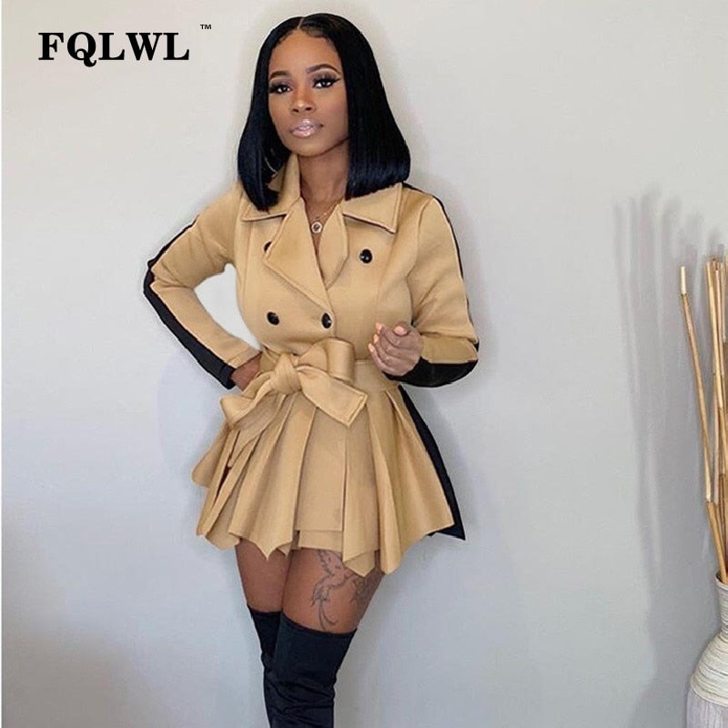 FQLWL Patchwork Office Lady Ruffles Sexy Bodycon Dress Women Fall Sashes Long Sleeve A Line Mini Dress Female Casual Short Dress