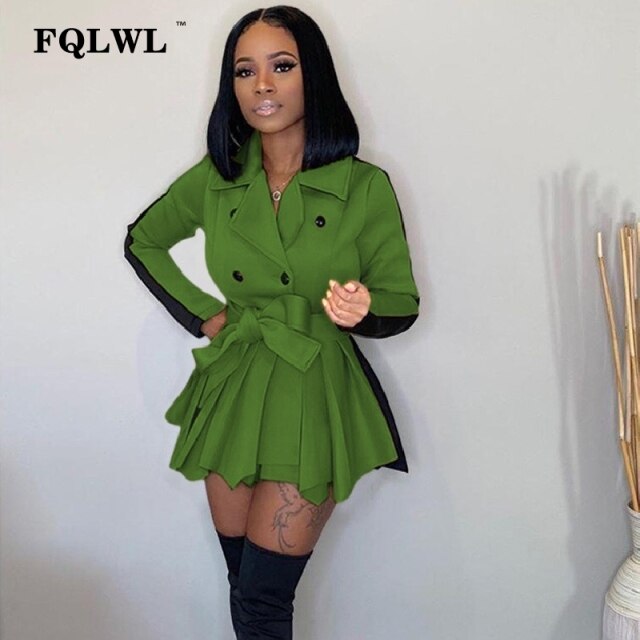 FQLWL Patchwork Office Lady Ruffles Sexy Bodycon Dress Women Fall Sashes Long Sleeve A Line Mini Dress Female Casual Short Dress