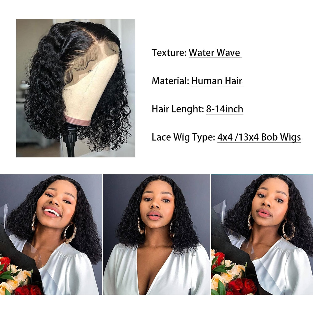 Short Bob Wig Water Wave Lace Front Human Hair Wigs 13x4 Brazilian Bob Lace Front Wigs Pixie Cut Bob Curly Human Hair Wig