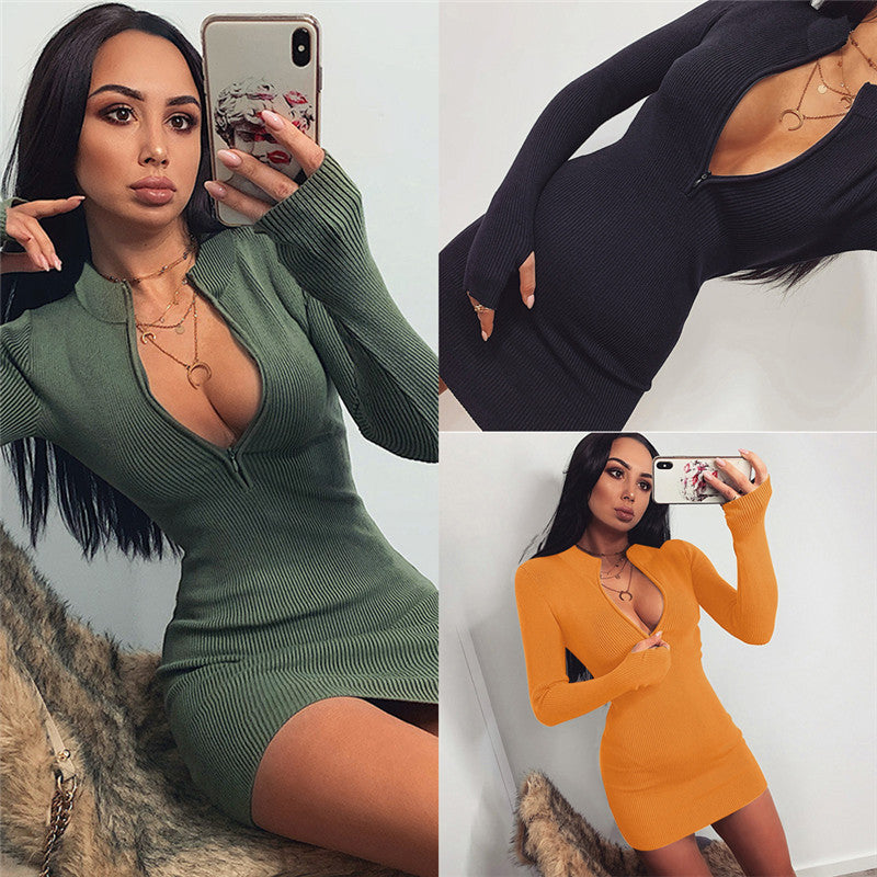 Deep V-neck Solid Stretch Bodycon Dress