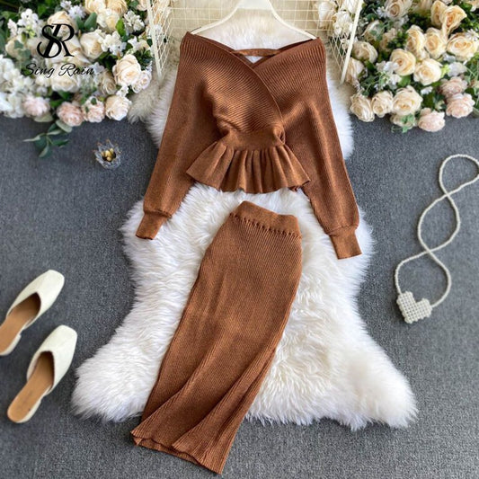 SINGRAIN Autumn Women Shiny Knitting Skirts Sets Lurex Ruffles Long Sleeves Wool Warm Sweater knitted Two Pieces Set Women