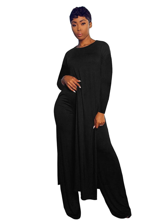 Felyn 2020  New Arrival Fashion Design two pieces  Sexy Women Set Solid O-neck Long Top  And  Long Pants  Summer  Outfits
