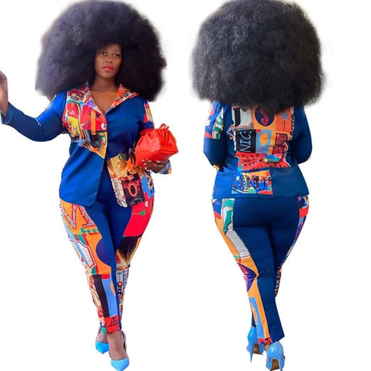 Plus Size Clothing XL-4XL Two Piece Set Women Print Jacket Shirt Pants Outfit Office Ladies Fall Winter Wholesale Dropshipping