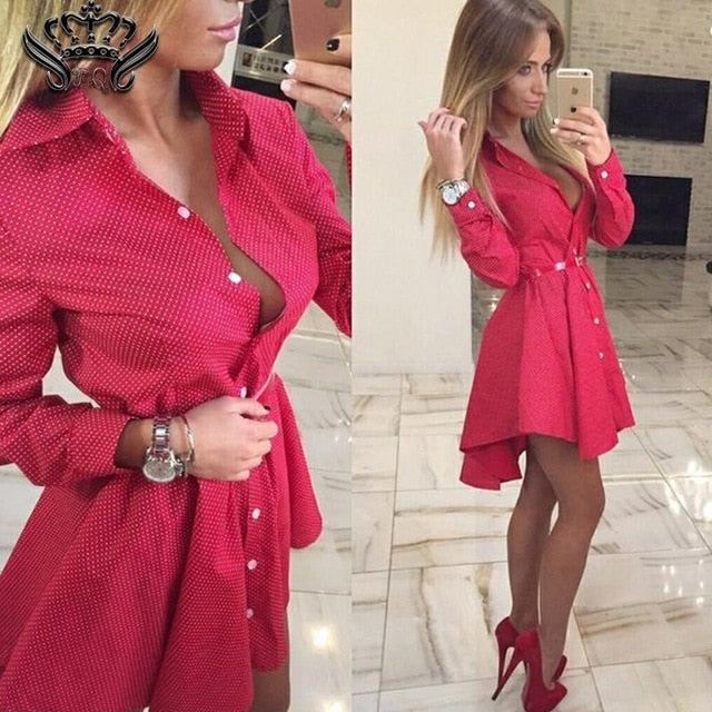 Sexy Club Dress 2020 New autumn fashion Women Shirt Dress Small dots Printed Fashion Irregular Long Sleeve Mini Vestidos dresses