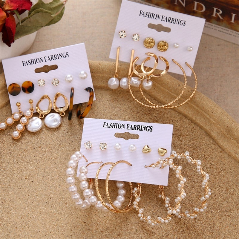 FNIO Women's Earrings Set Pearl Earrings For Women Bohemian Fashion Jewelry 2020 Geometric Crystal Heart Stud Earrings
