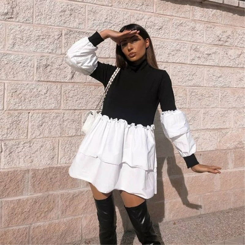 Nadafair Puff Sleeve Sexy Mini Dress Women Casual Party Rib Shirt Patchwork 2021 Spring Long Sleeve Wrap A-Line Woman Dress