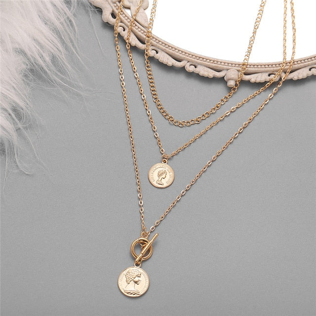 Multi-layered Coin Chain Choker Necklaces