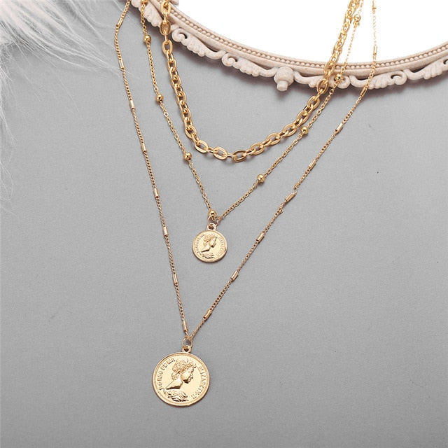 Multi-layered Coin Chain Choker Necklaces