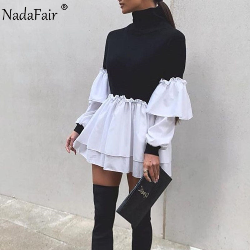 Nadafair Puff Sleeve Sexy Mini Dress Women Casual Party Rib Shirt Patchwork 2021 Spring Long Sleeve Wrap A-Line Woman Dress