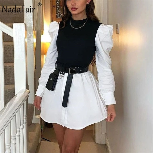 Nadafair Puff Sleeve Sexy Mini Dress Women Casual Party Rib Shirt Patchwork 2021 Spring Long Sleeve Wrap A-Line Woman Dress