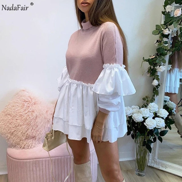 Nadafair Puff Sleeve Sexy Mini Dress Women Casual Party Rib Shirt Patchwork 2021 Spring Long Sleeve Wrap A-Line Woman Dress