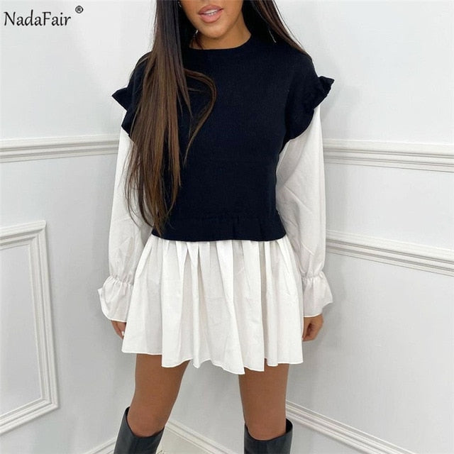 Nadafair Puff Sleeve Sexy Mini Dress Women Casual Party Rib Shirt Patchwork 2021 Spring Long Sleeve Wrap A-Line Woman Dress