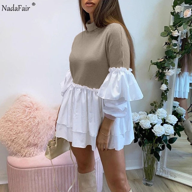 Nadafair Puff Sleeve Sexy Mini Dress Women Casual Party Rib Shirt Patchwork 2021 Spring Long Sleeve Wrap A-Line Woman Dress