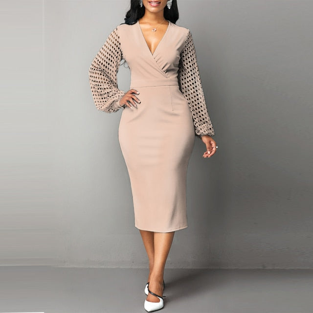 Women Vintage Hollow Out Sleeve Office Dresses