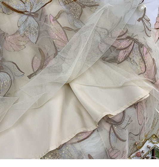 High quality sequins embroidery dragonfly two layer mesh pleated skirt women 2020 summer high waist long skirts womens elegant