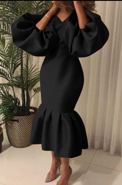 Puff Sleeve Evening Party Long Dress