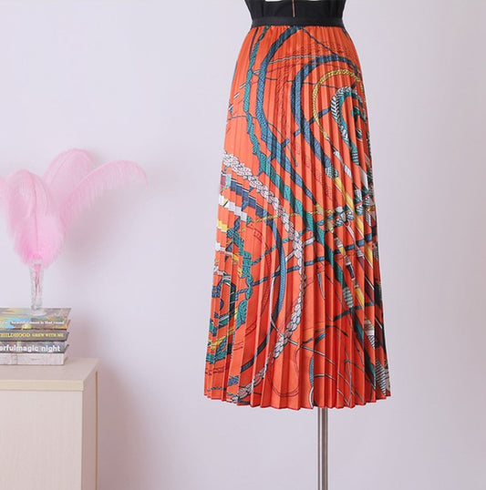 Indie Folk Printed High Waisted Pleated Skirts Women