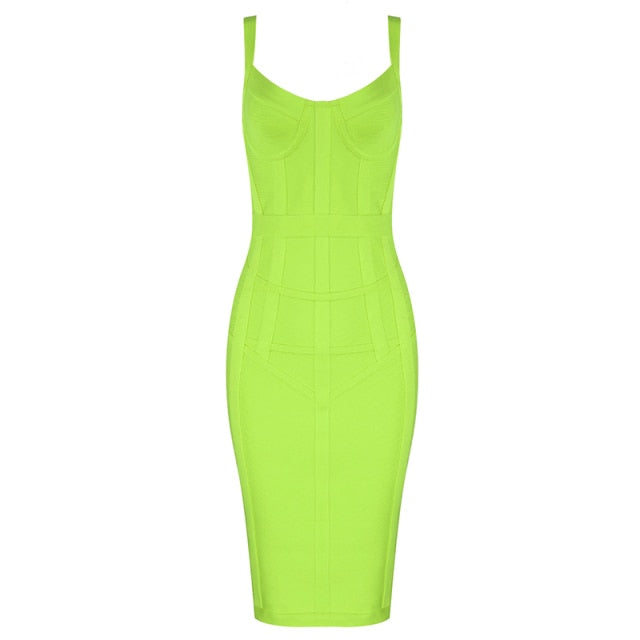 Free Shipping Sexy Sleeveless V Neck Green Yellow Women Bodycon Bandage Dress 2021 Designer Fashion Evening Party Dress Vestido