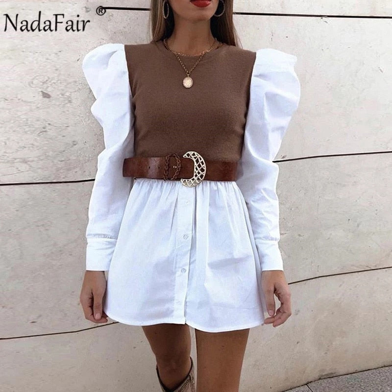 Nadafair Puff Sleeve Sexy Mini Dress Women Casual Party Rib Shirt Patchwork 2021 Spring Long Sleeve Wrap A-Line Woman Dress