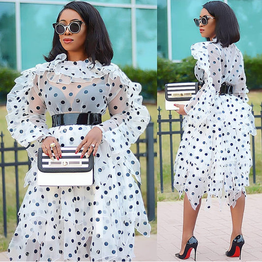 Female New Polka Dot Two Piece Set Organza Oversize Blouse Irregular Midi Skirt Set Plus Size Womens 2020 Spring Summer Fashion