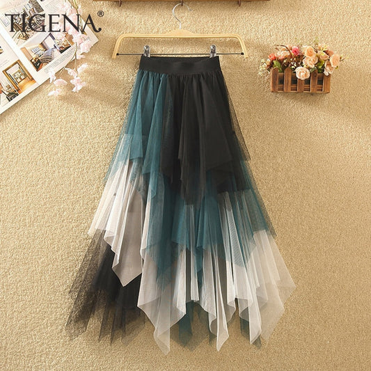 TIGENA Long Tutu Tulle Skirt Women Fashion 2020 Summer Korean Irregular Contrast Color High Waist Pleated Maxi Skirt Female