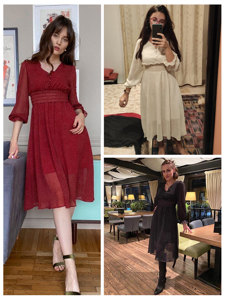 New Autumn V Neck Polka Dot Slim Chiffon Dress Button Puff Sleeve High Waist Elegant Women Mid-calf Dress