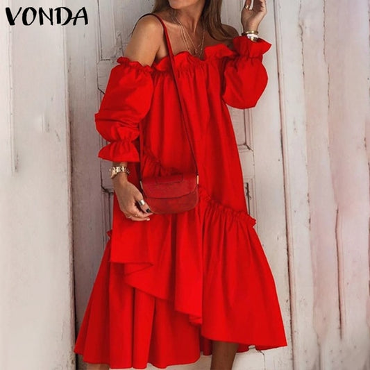 Sexy Off Shoulder Lace Pleated Summer Dress Women Long Sleeve Irregular Hem Dress VONDA 2020 Bohemian Robe Midi Length Vestidos