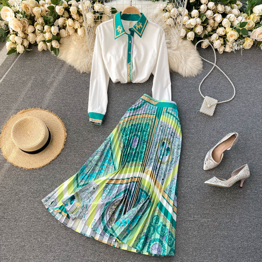 Spring Fashion Runway Midi Skirt Sets Women's Long Sleeve Contrast Color Green White Shirt and Pleated Skirts Two Piece Suit
