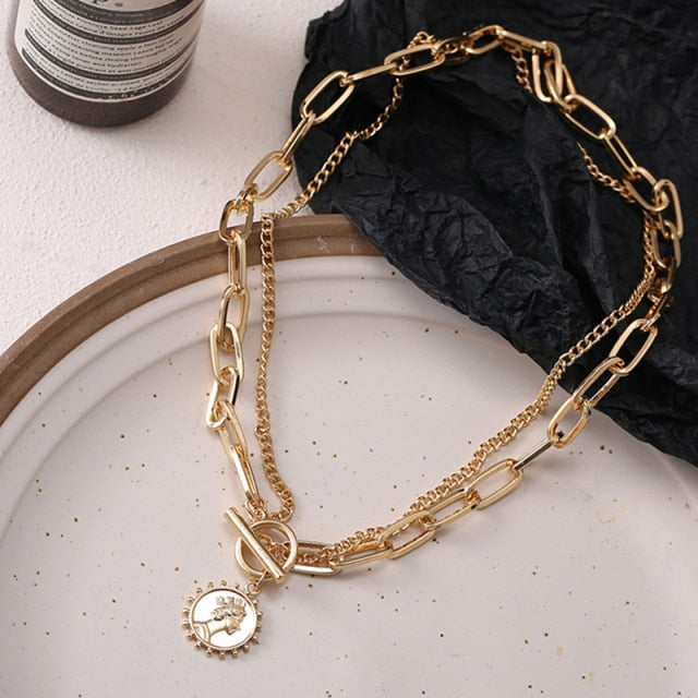 Multi-layered Coin Chain Choker Necklaces