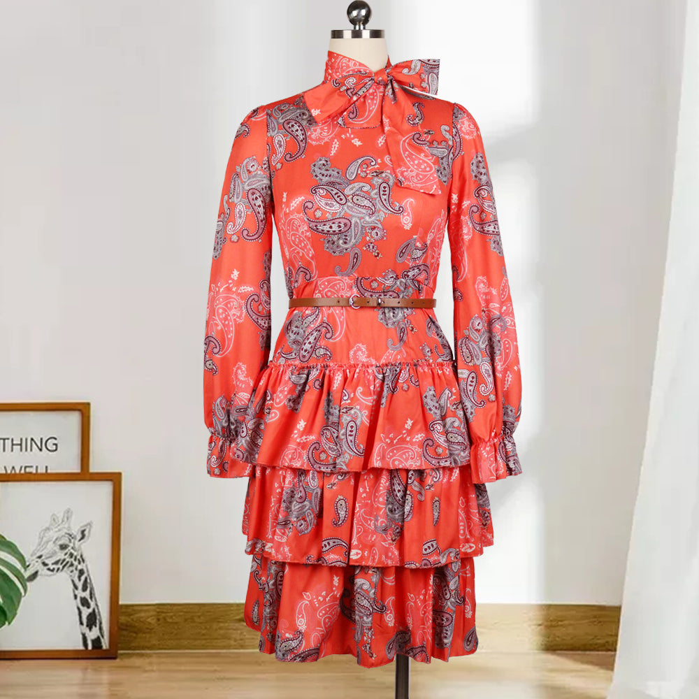 Printed Long Sleeves Bowtie Cake Dress