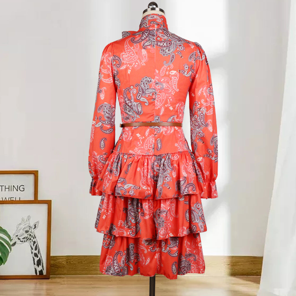 Printed Long Sleeves Bowtie Cake Dress