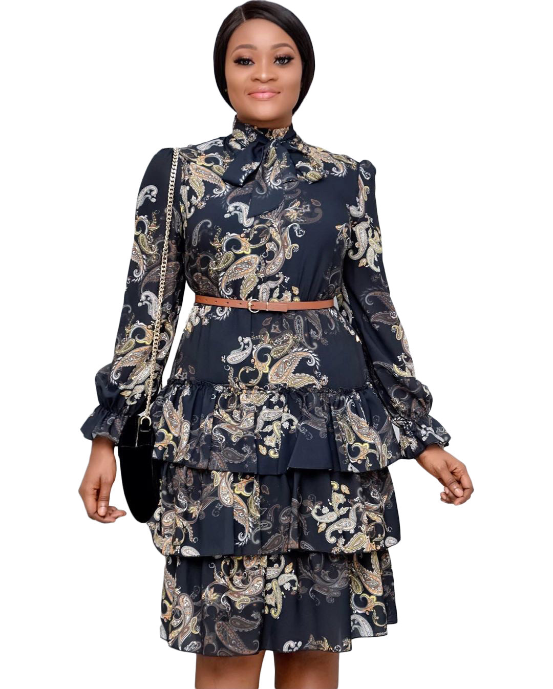 Printed Long Sleeves Bowtie Cake Dress