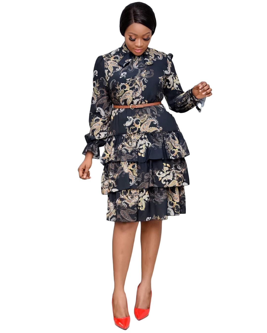 Printed Long Sleeves Bowtie Cake Dress