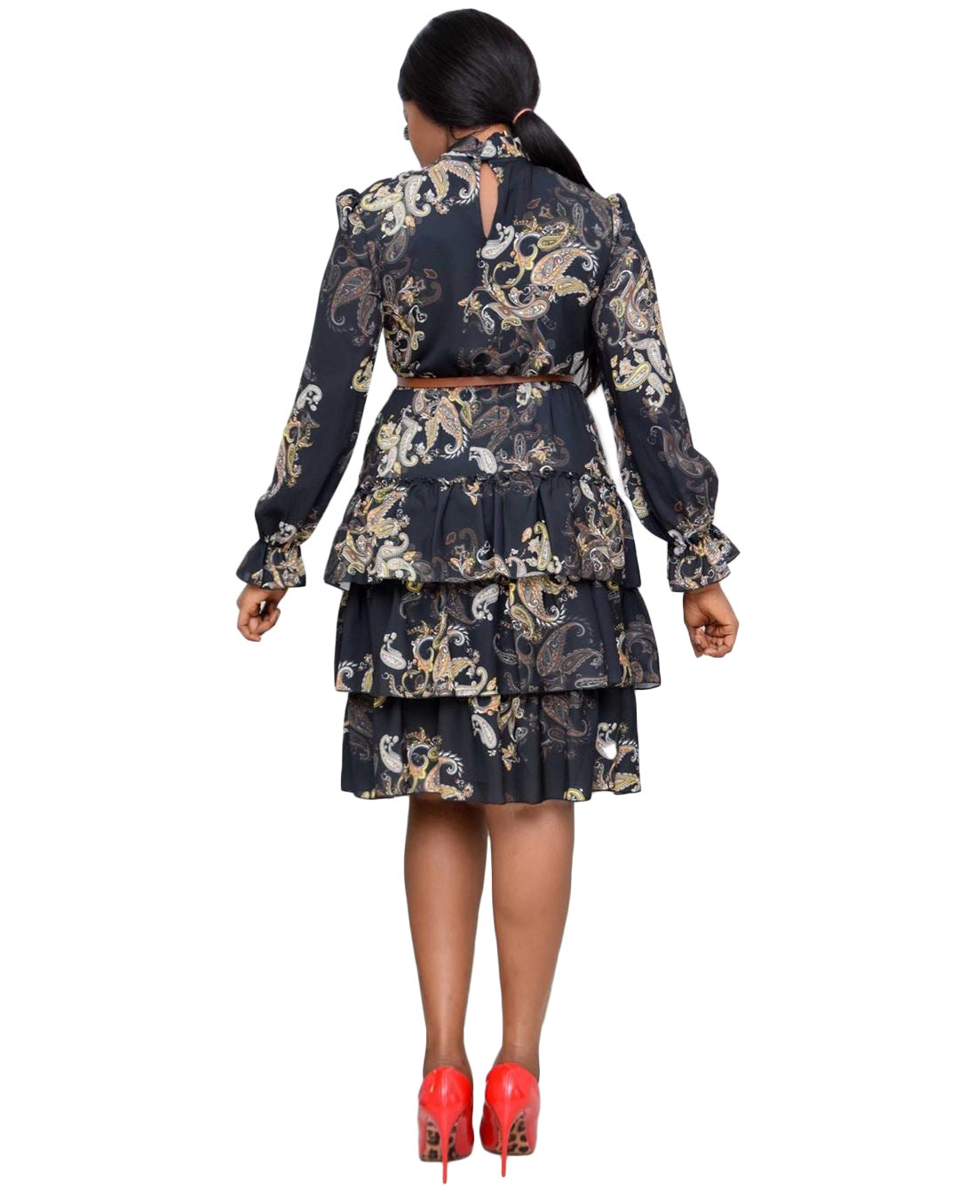 Printed Long Sleeves Bowtie Cake Dress