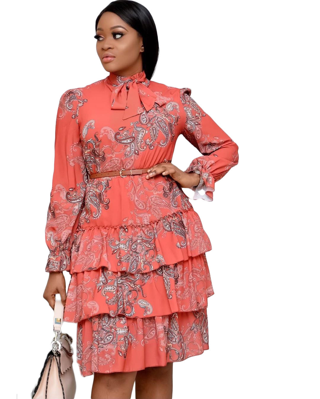 Printed Long Sleeves Bowtie Cake Dress