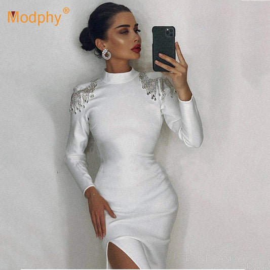 New Diamond Tassel Bandage Long Dress Women Sexy Backless Split Bodycon Celebrity Party Evening Runway Vestidos 2021 Fashion